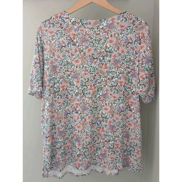 J. Jill Pima Slub Elbow Sleeve Top Plus Size 2X Pink Floral V Neck Popover - Picture 6 of 10